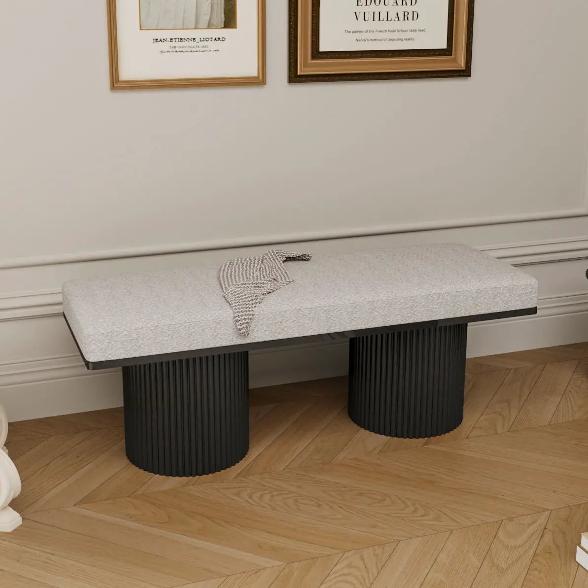 Upholstered Bench With Black Chunky Legs Boucle Contemporary Style Bed-End Bench For Bedroom Living Room - Light Gray by HouseOfZazla