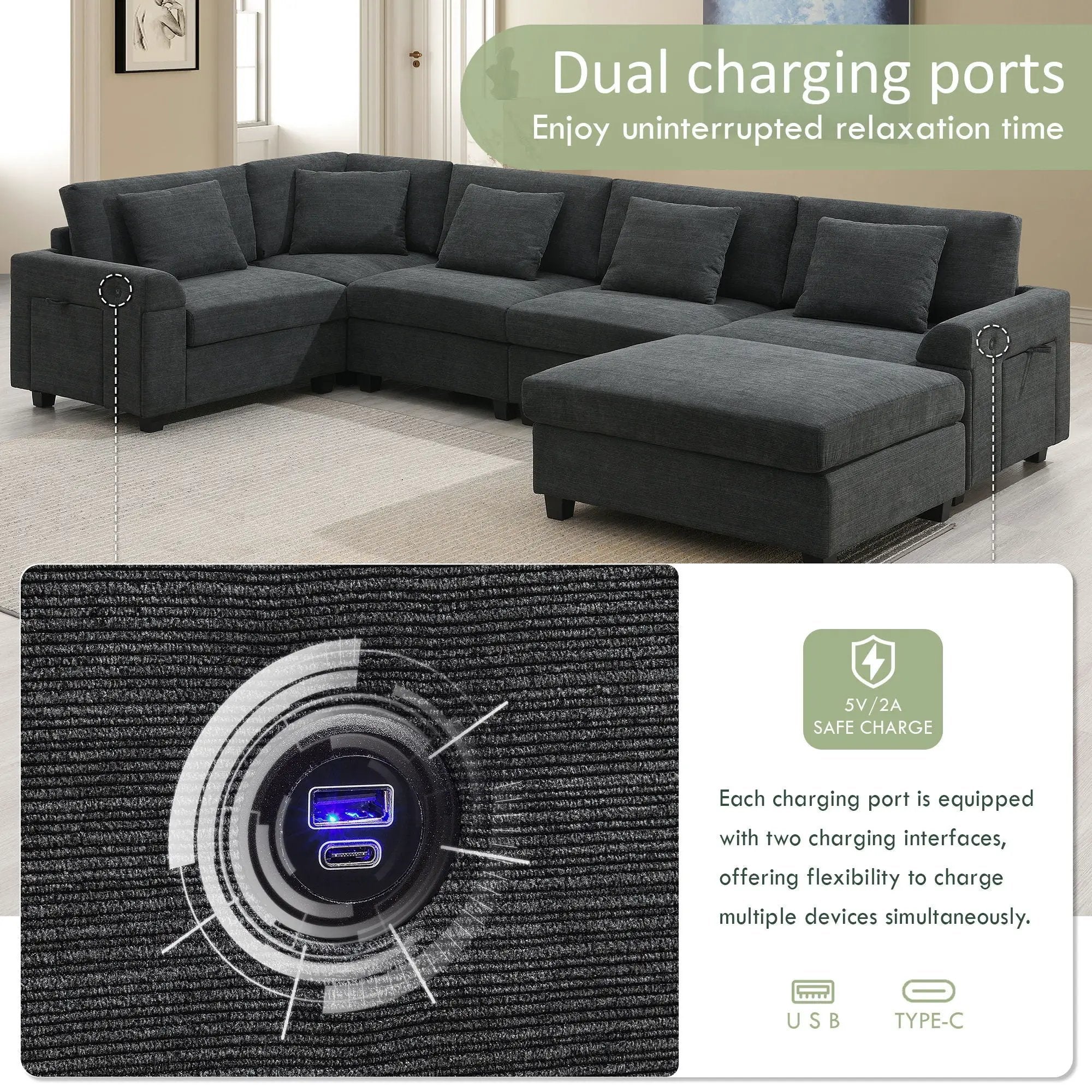 U Shaped Sectional Sofa 6 Seat Couch Set With Oversized Ottoman, Hidden Armrest Storage And Cup Holders USB Charging Ports Wide Seat Sofa by HouseOfZazla