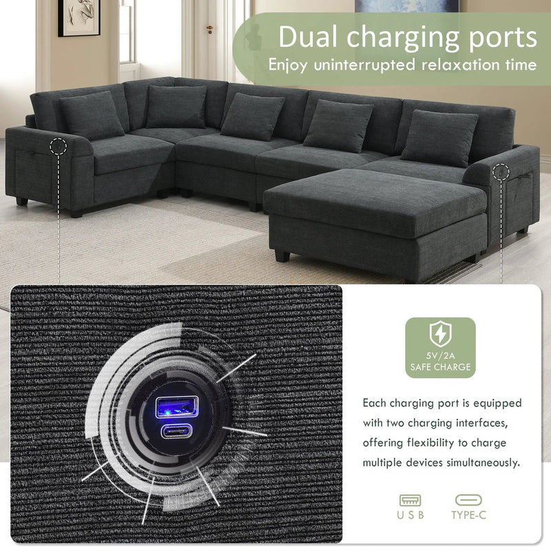 U Shaped Sectional Sofa 6 Seat Couch Set With Oversized Ottoman, Hidden Armrest Storage And Cup Holders USB Charging Ports Wide Seat Sofa by HouseOfZazla