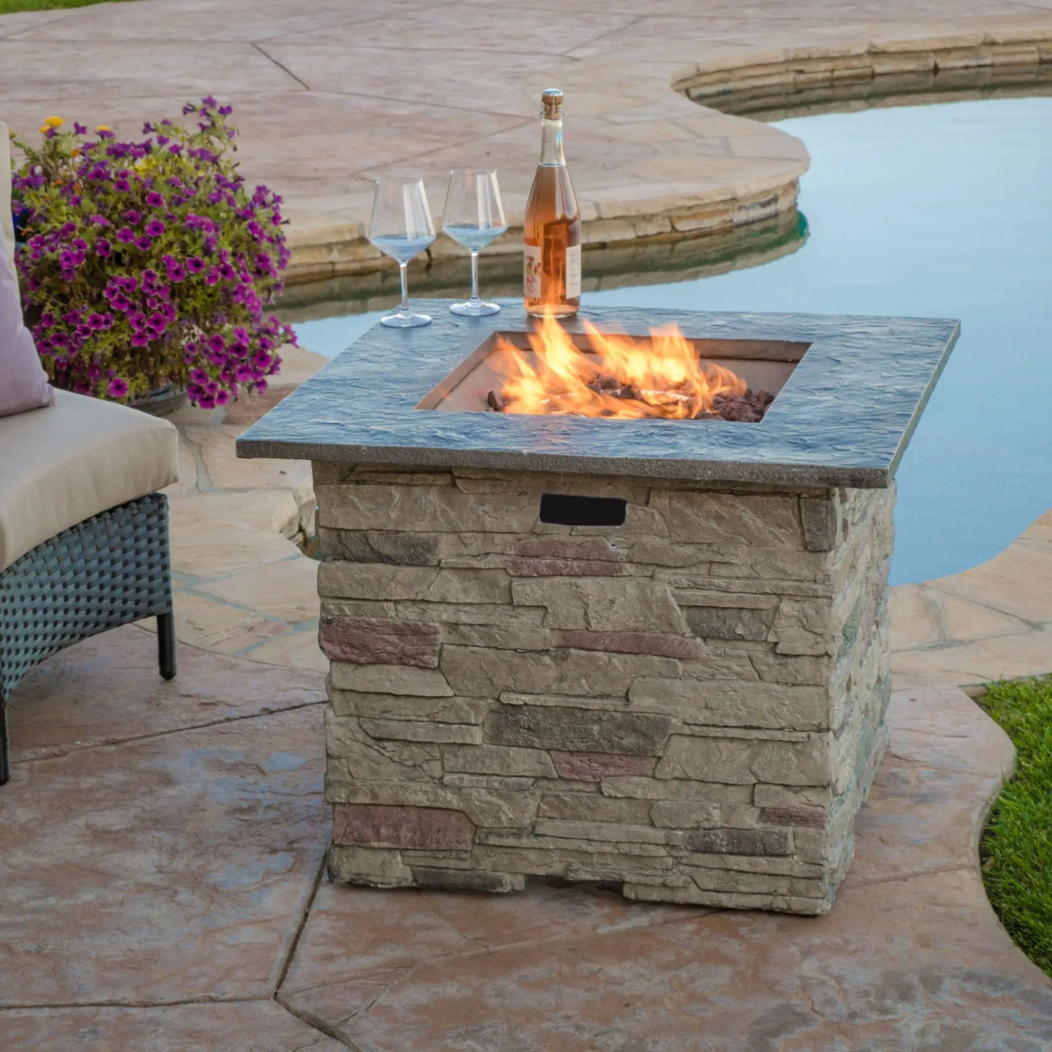 Classic Design Square Fire Pit With Top And 40,000 Btu Heat Output - Stone Gray by HouseOfZazla