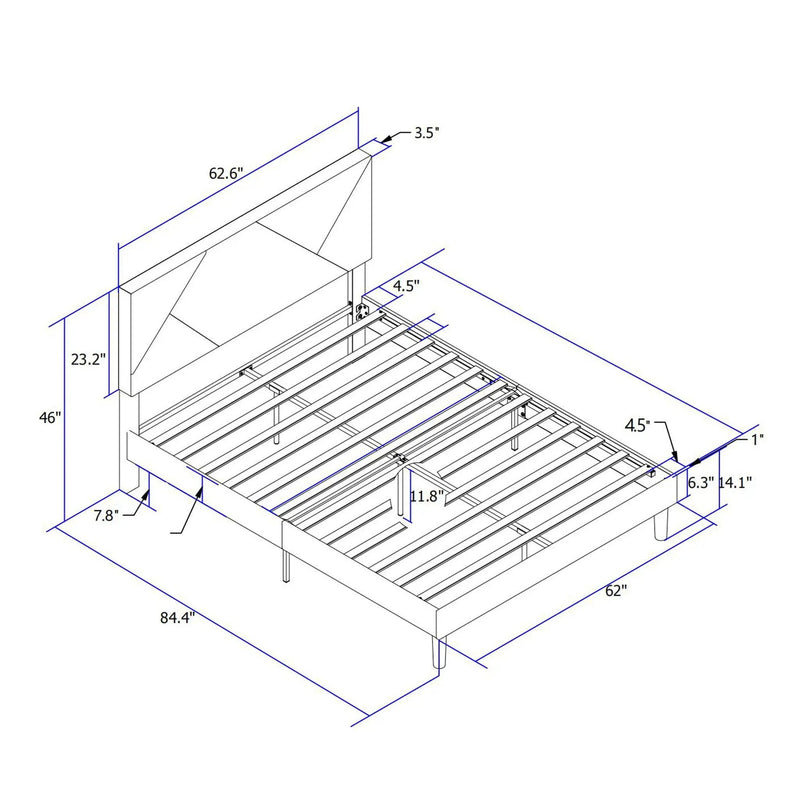 Upholstered Platform Bed Frame With Headboard, Wood Slat Support