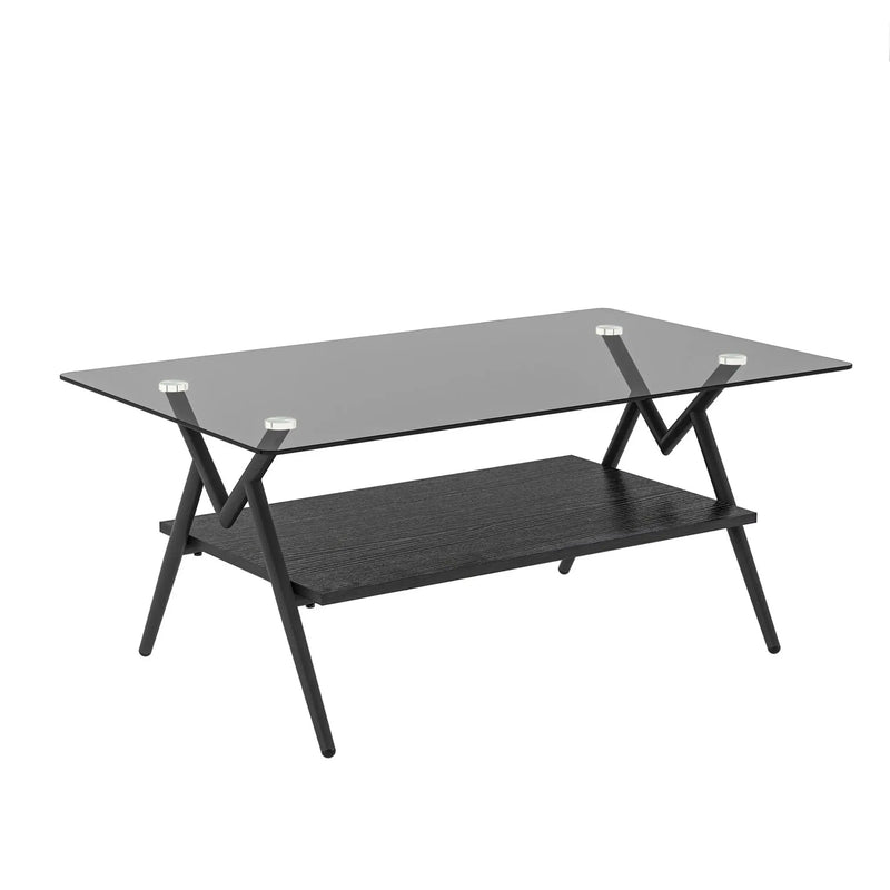 Rectangle Coffee Table With Tempered Glass Top And Shelf, Modern Table For Living Room by HouseOfZazla