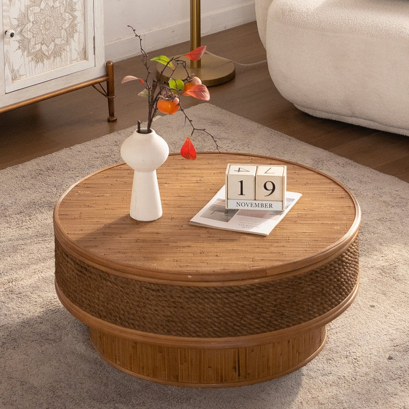 31.5" Round Retro Coffee Table With Flip-top Cover - Hemp Rope + Rattan,Featuring a Vintage, photo 2 of 10
