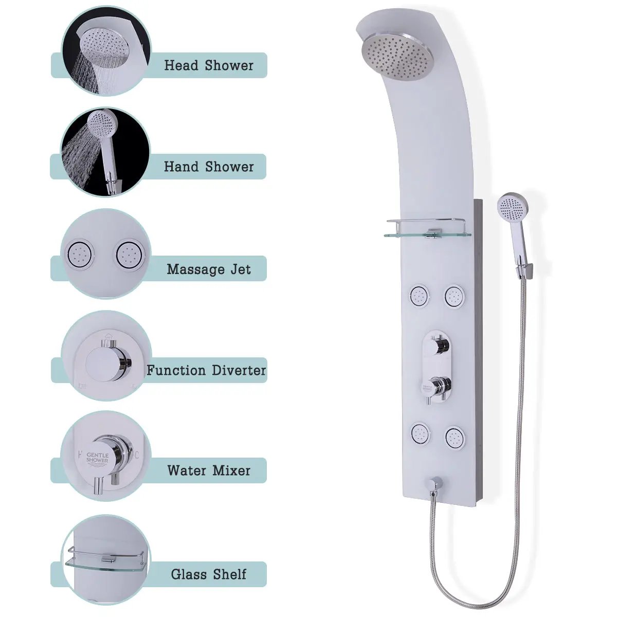 55 Inch Tempered Glass Shower Panel with Massage Jets Hand Shower by DirectDeals