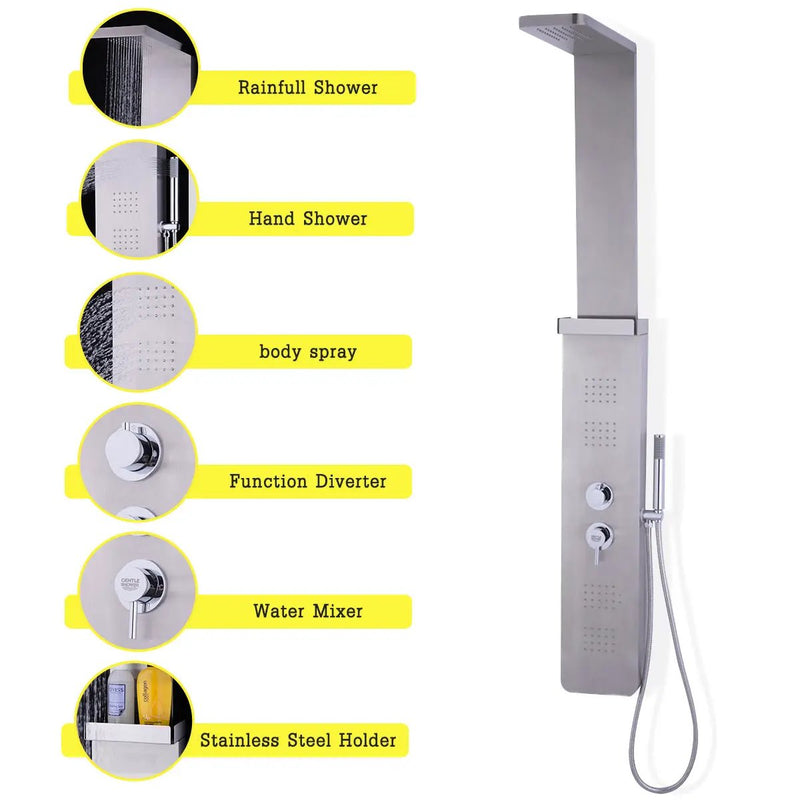 59” Stainless Steel Shower Panel with Massage Jets and Hand Shower by DirectDeals