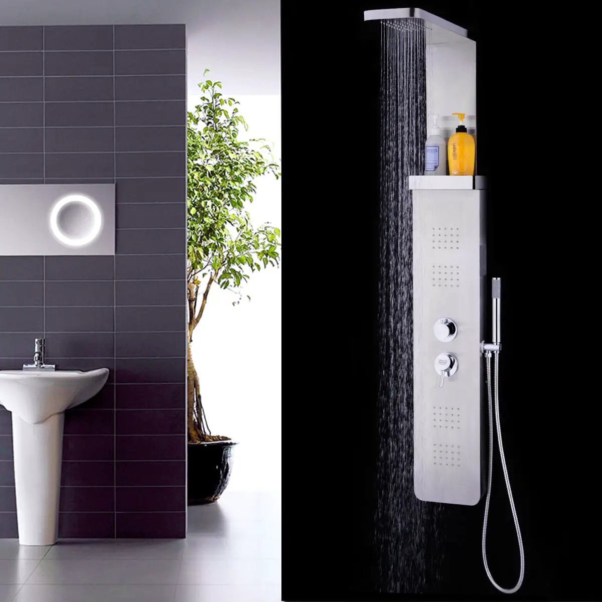 59” Stainless Steel Shower Panel with Massage Jets and Hand Shower by DirectDeals