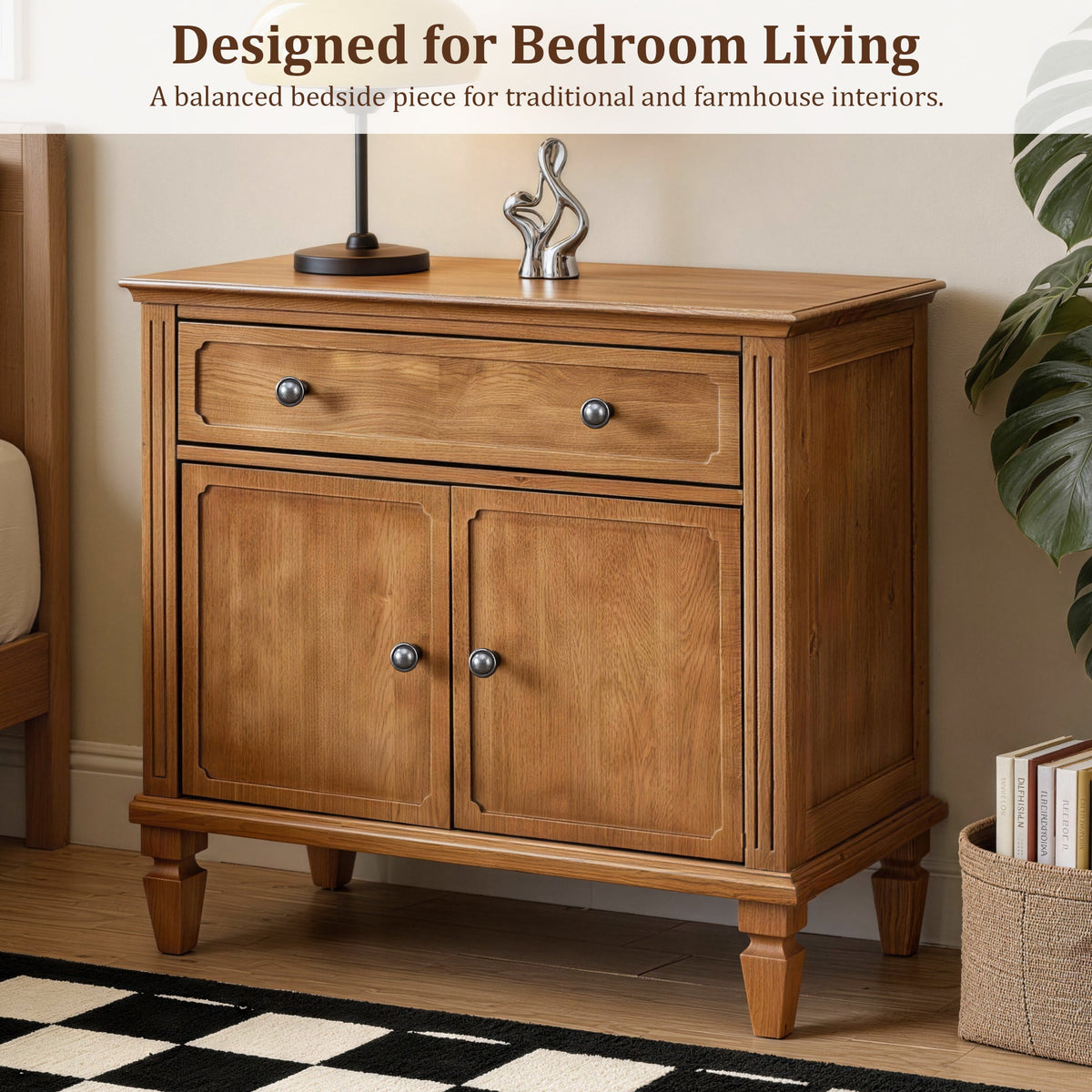 Farmhouse Nightstand with Charging Station, Drawer & Double-Door Cabinet - Natural or Walnut, photo 10 of 10