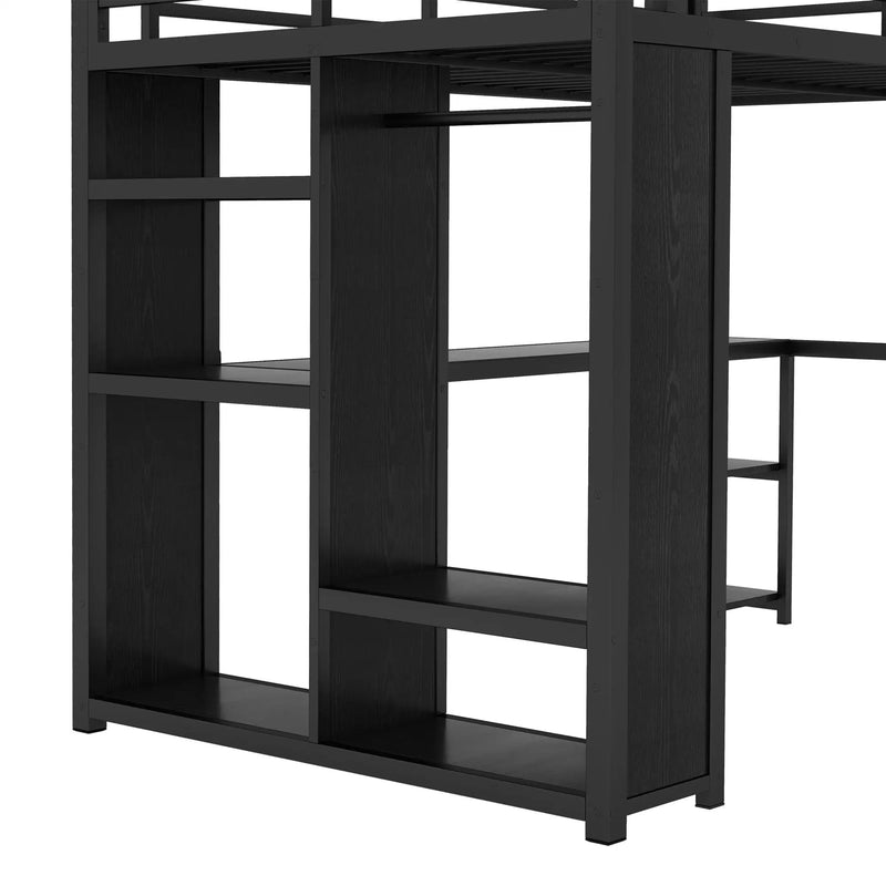 Full Size Loft Bed Frame with Built-in Wardrobe, Metal Loft Bed with Desk and Storage Shelves by HouseOfZazla