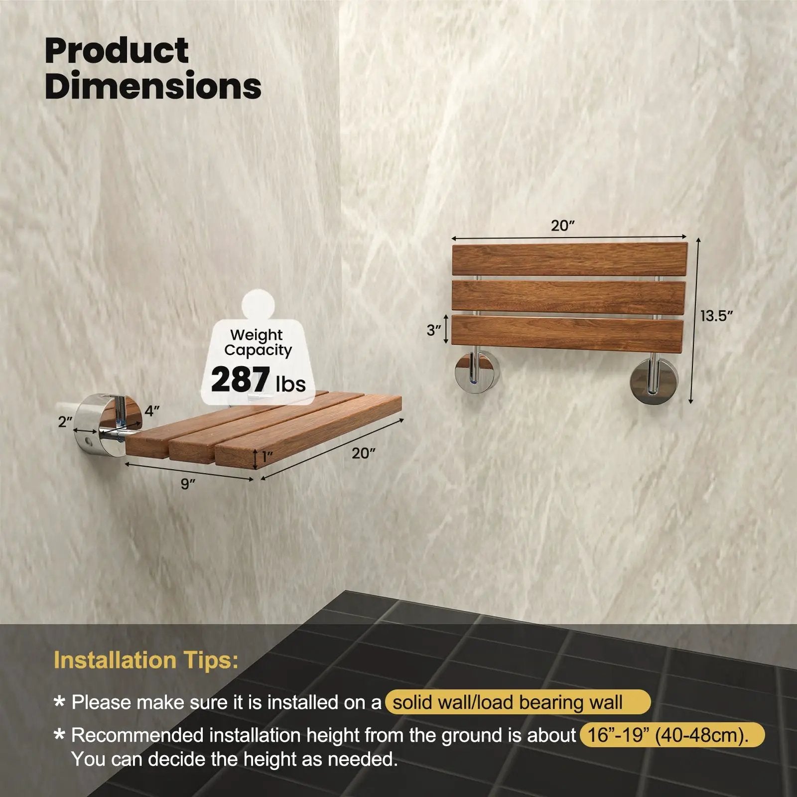 20 Inch Wall Mounted Teak Wood Folding Shower Bath Seat by DirectDeals