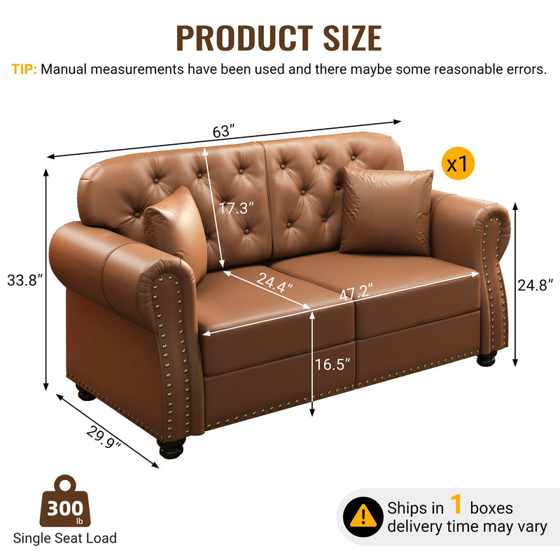 63" Upholstered Faux Leather Sofa with Nailhead Trim by HouseOfZazla