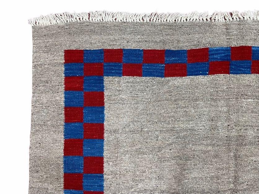 Gray Turkish Kilim Carpet 5' 7" x 7' 7", Medium Kilim Rug, Hand-Knotted, Blue & Red Border, Minimalistic Design, Geometric, Wool, New by Jewel Rugs