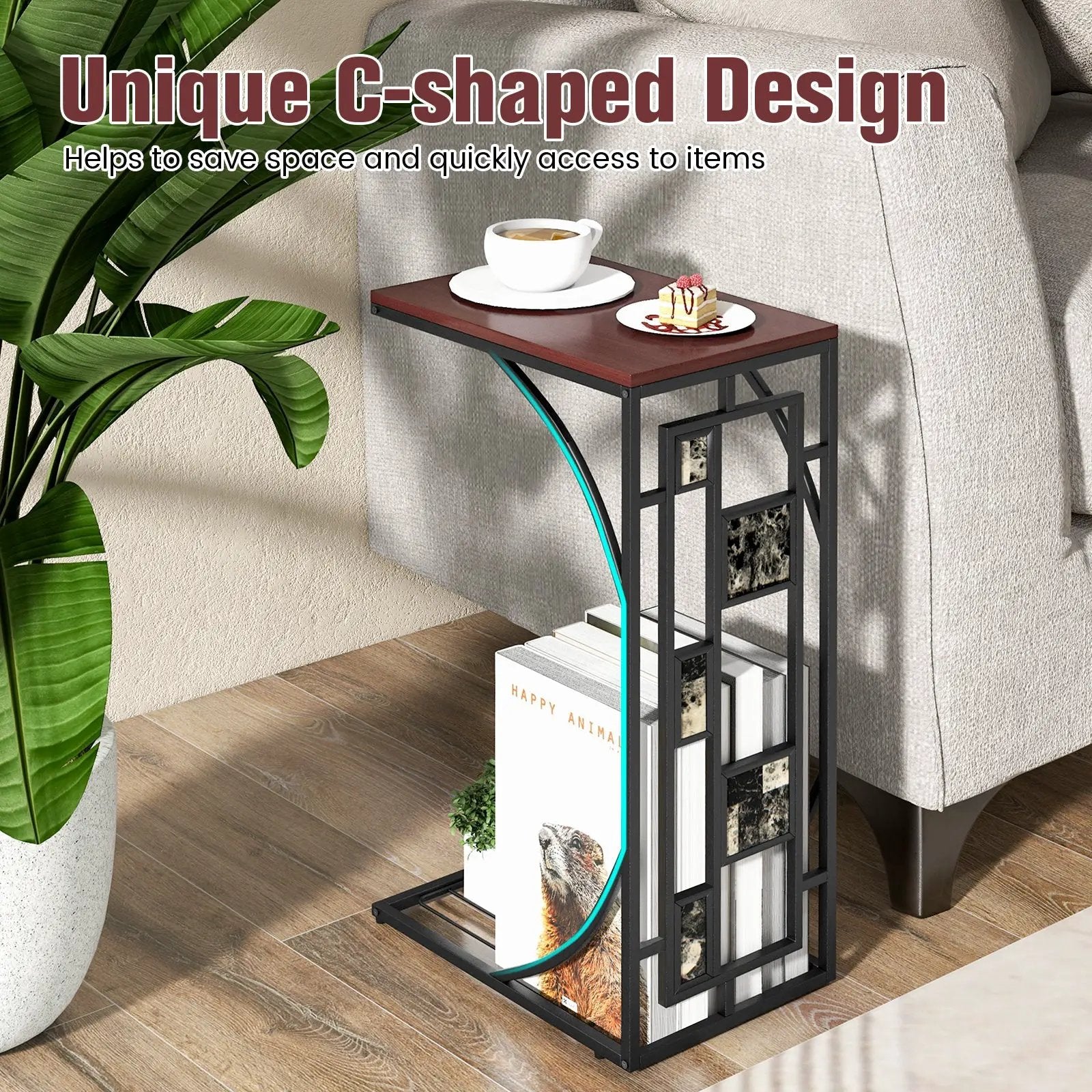 C-Shaped End Side Sofa Narrow Snack Table for Living Room-Brown by DirectDeals