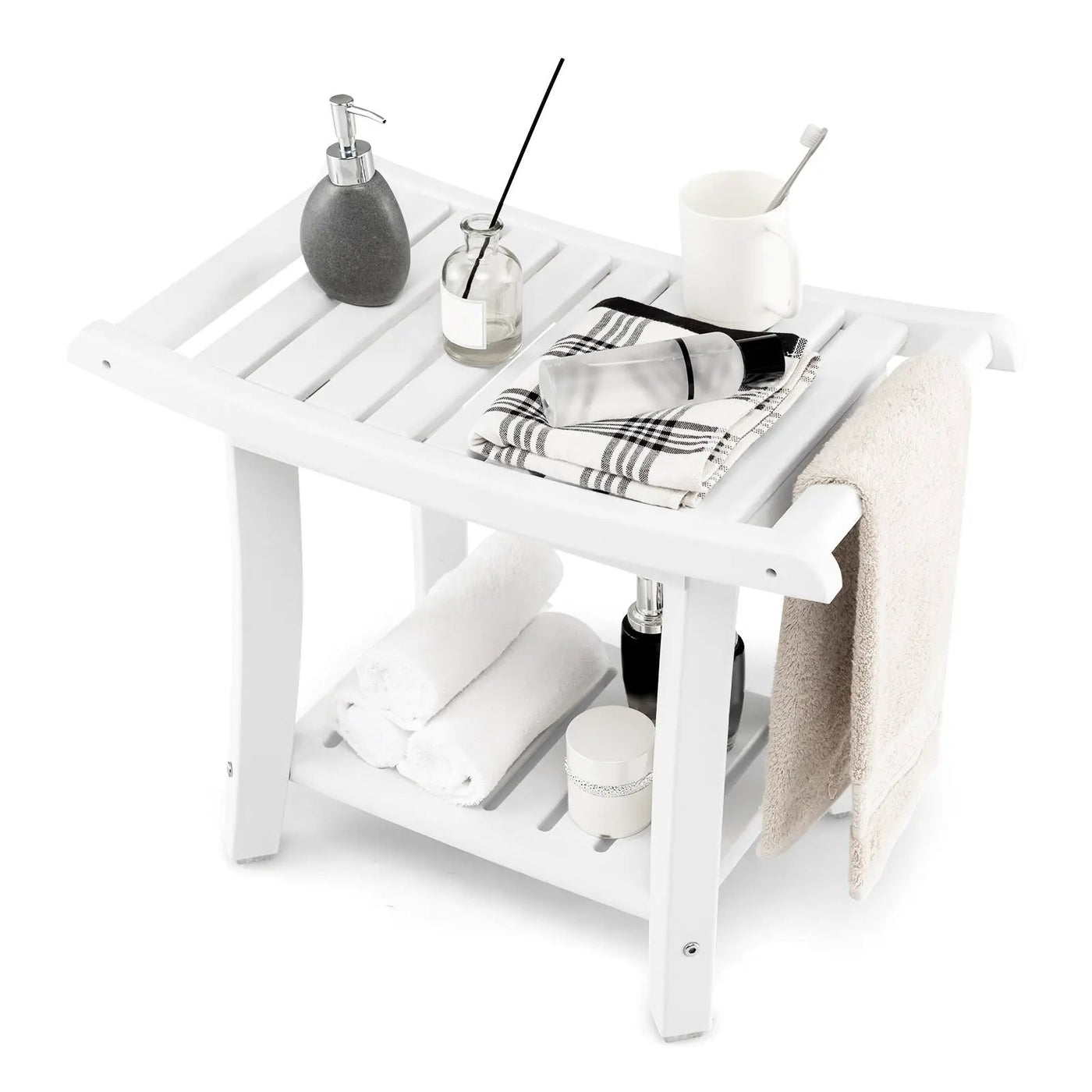Waterproof Bath Stool with Curved Seat and Storage Shelf by DirectDeals