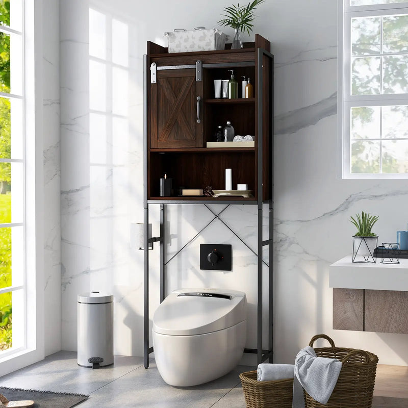 4-Tier Multifunctional Toilet Sorage Cabinet with Adjustable Shelf and Sliding Barn Door by DirectDeals