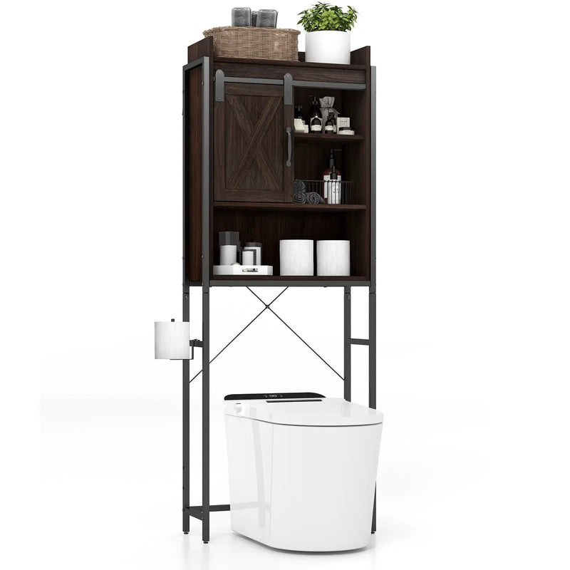 4-Tier Multifunctional Toilet Sorage Cabinet with Adjustable Shelf and Sliding Barn Door by DirectDeals