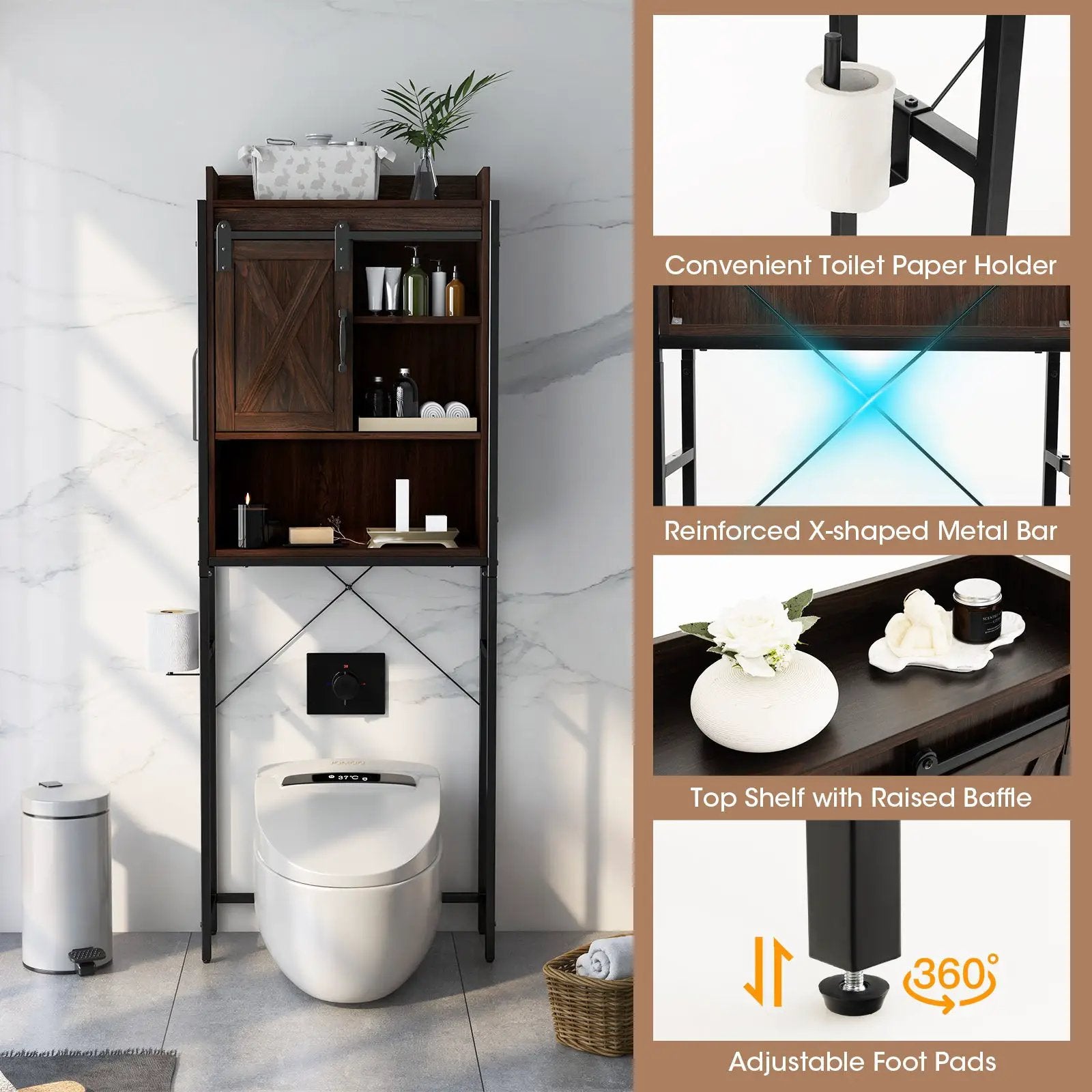 4-Tier Multifunctional Toilet Sorage Cabinet with Adjustable Shelf and Sliding Barn Door by DirectDeals