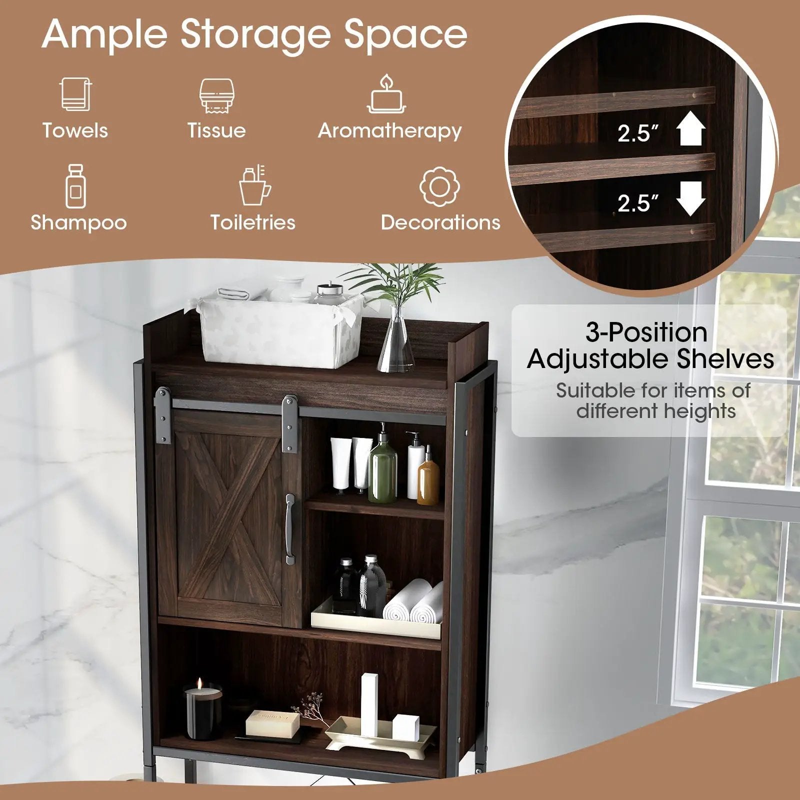 4-Tier Multifunctional Toilet Sorage Cabinet with Adjustable Shelf and Sliding Barn Door by DirectDeals