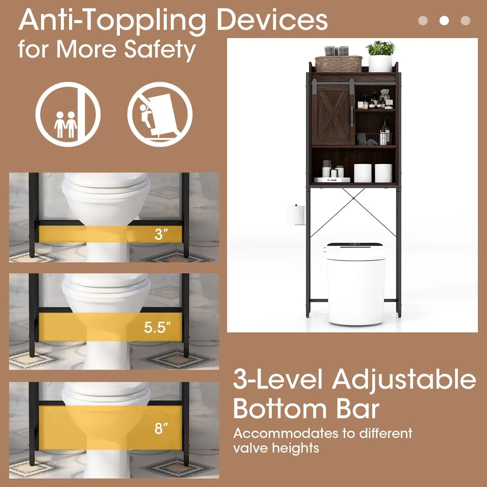 4-Tier Multifunctional Toilet Sorage Cabinet with Adjustable Shelf and Sliding Barn Door by DirectDeals