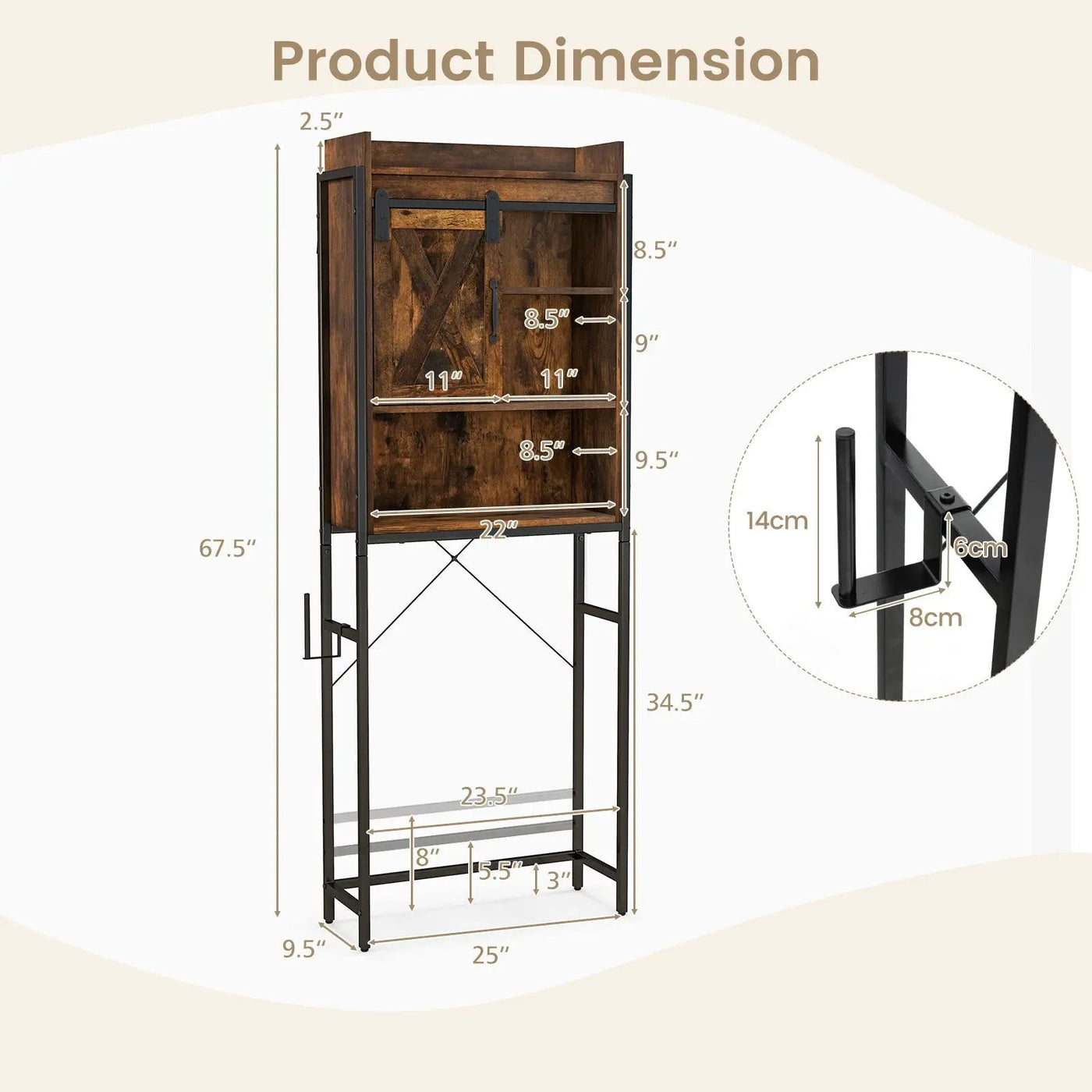 4-Tier Multifunctional Toilet Sorage Cabinet with Adjustable Shelf and Sliding Barn Door by DirectDeals