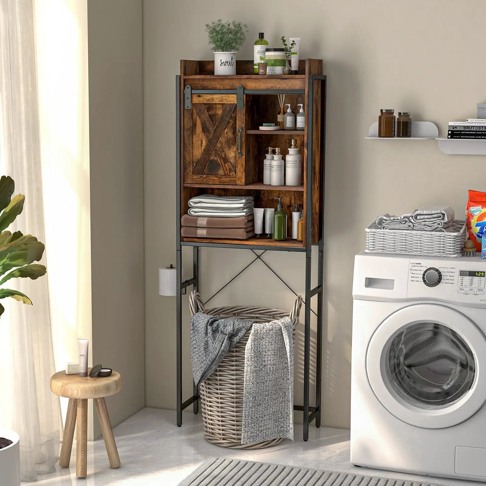 4-Tier Multifunctional Toilet Sorage Cabinet with Adjustable Shelf and Sliding Barn Door by DirectDeals