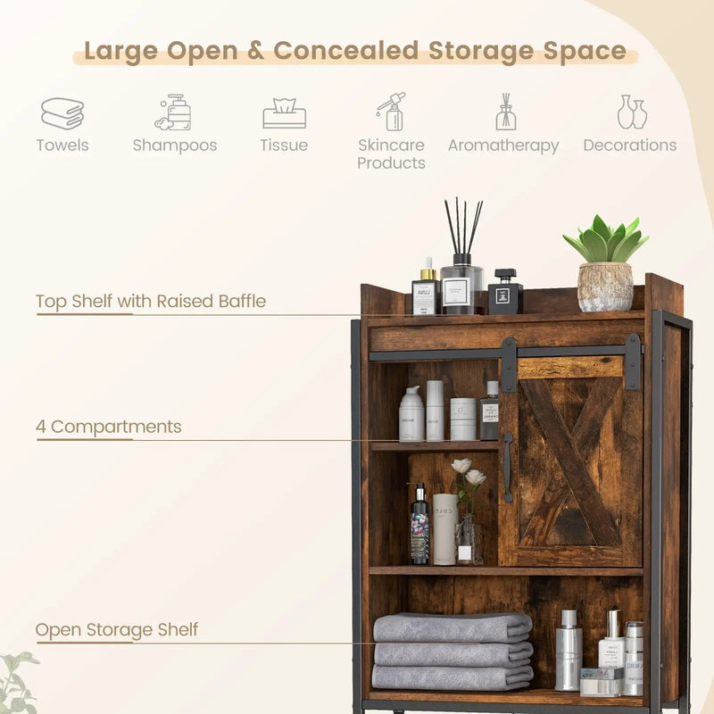 4-Tier Multifunctional Toilet Sorage Cabinet with Adjustable Shelf and Sliding Barn Door by DirectDeals
