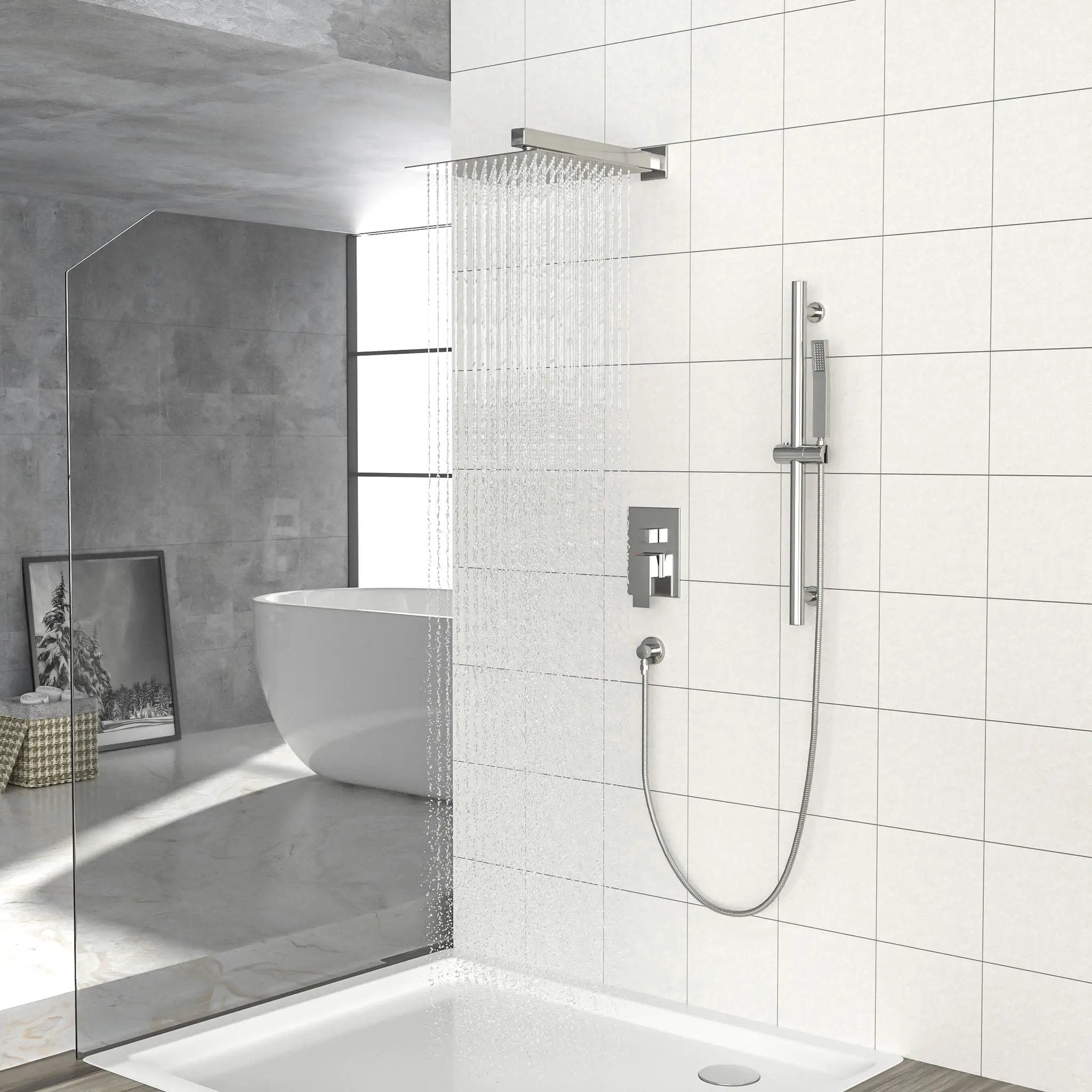 Wall Mounted Shower System With Adjustable Slide Bar And Rough In Valve, 12" Square Design - Brushed Nickel by HouseOfZazla