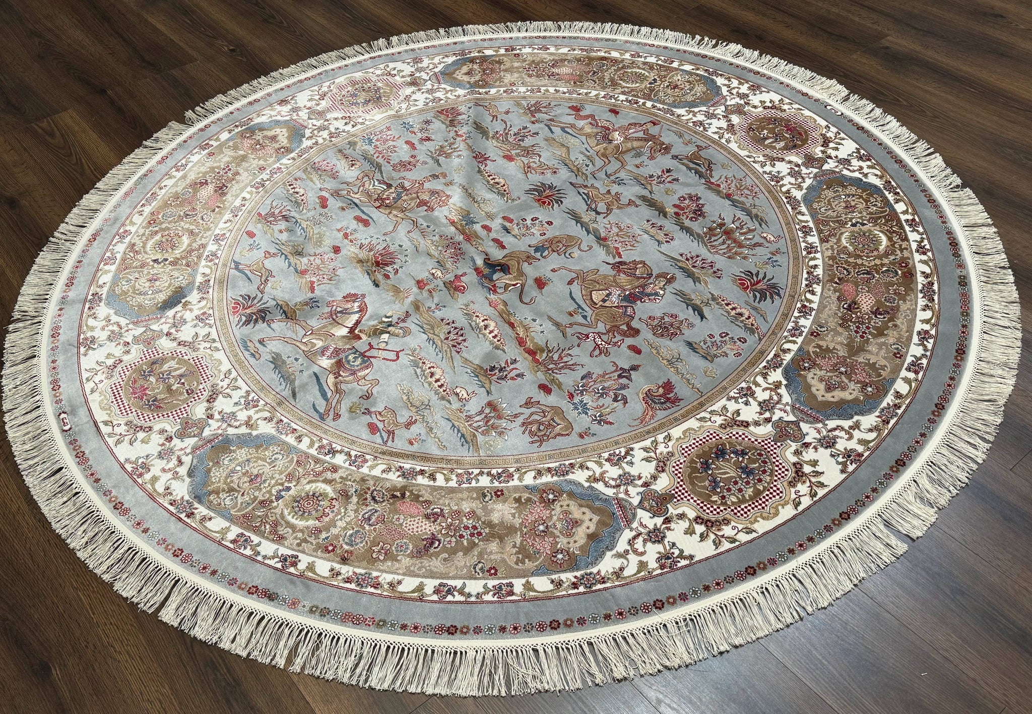 Round Silk Rug 6x6, Hunting Design, Bamboo Silk, Animal Pictorials by Jewel Rugs