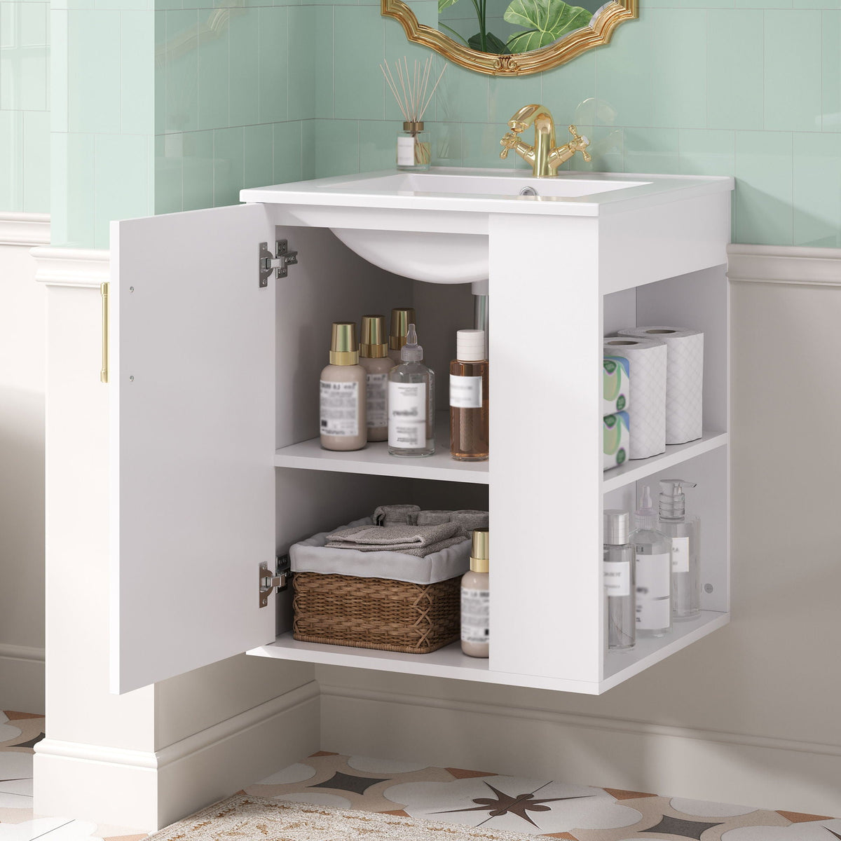 Wall Mounted Bathroom Cabinet with Side Shelf and Sink - White, photo 4 of 4