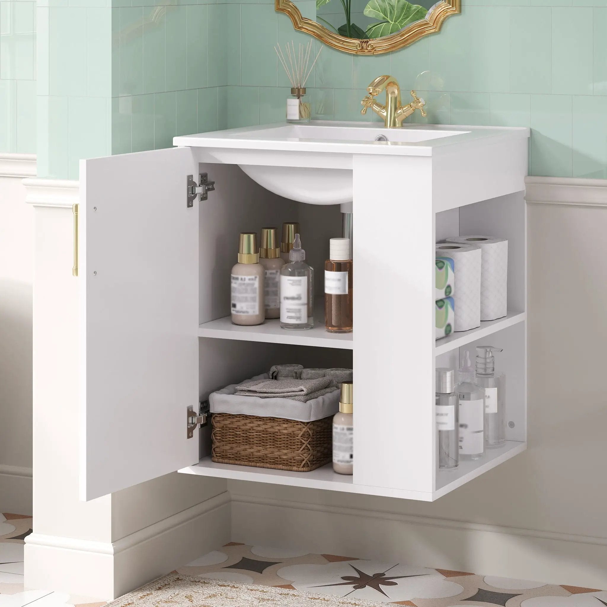 Wall Mounted Bathroom Cabinet With Side Shelf Combo, Vanity With Sink - White by HouseOfZazla