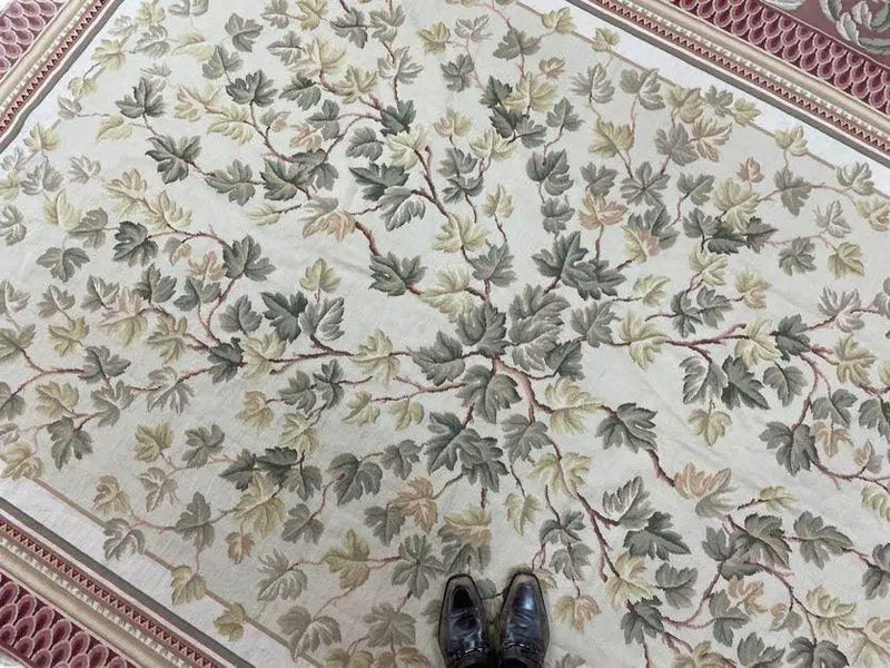 Aubusson Needlepoint Rug 9x12, Flatweave Carpet, Leaves, Wool, New, Handmade by Jewel Rugs