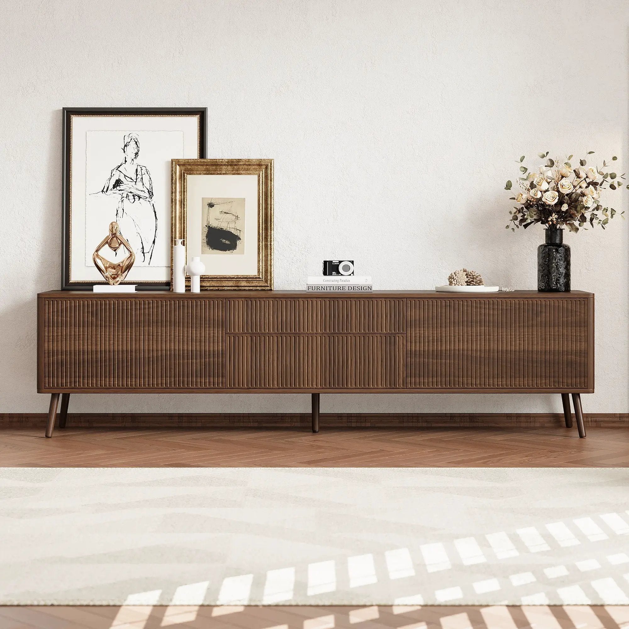 Fluted TV Stand With Storage Drawers And Cabinets For TVs Up To 80", Soft-Close Hinges, Cable Management - Walnut by Unique Piece Furniture