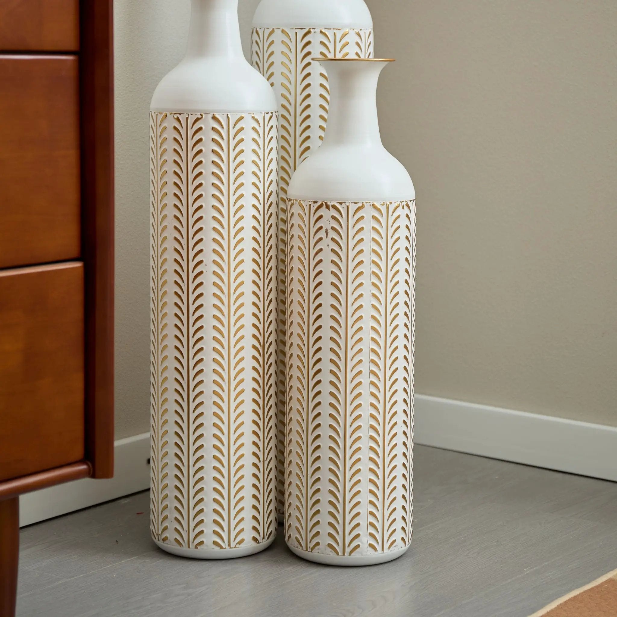 Floor Metal Vase Modern Style Decoration Home Metal Vase 3 Piece Set Gorgeous Home Decoration Large Glazed Metal Vase - Gold / White by HouseOfZazla