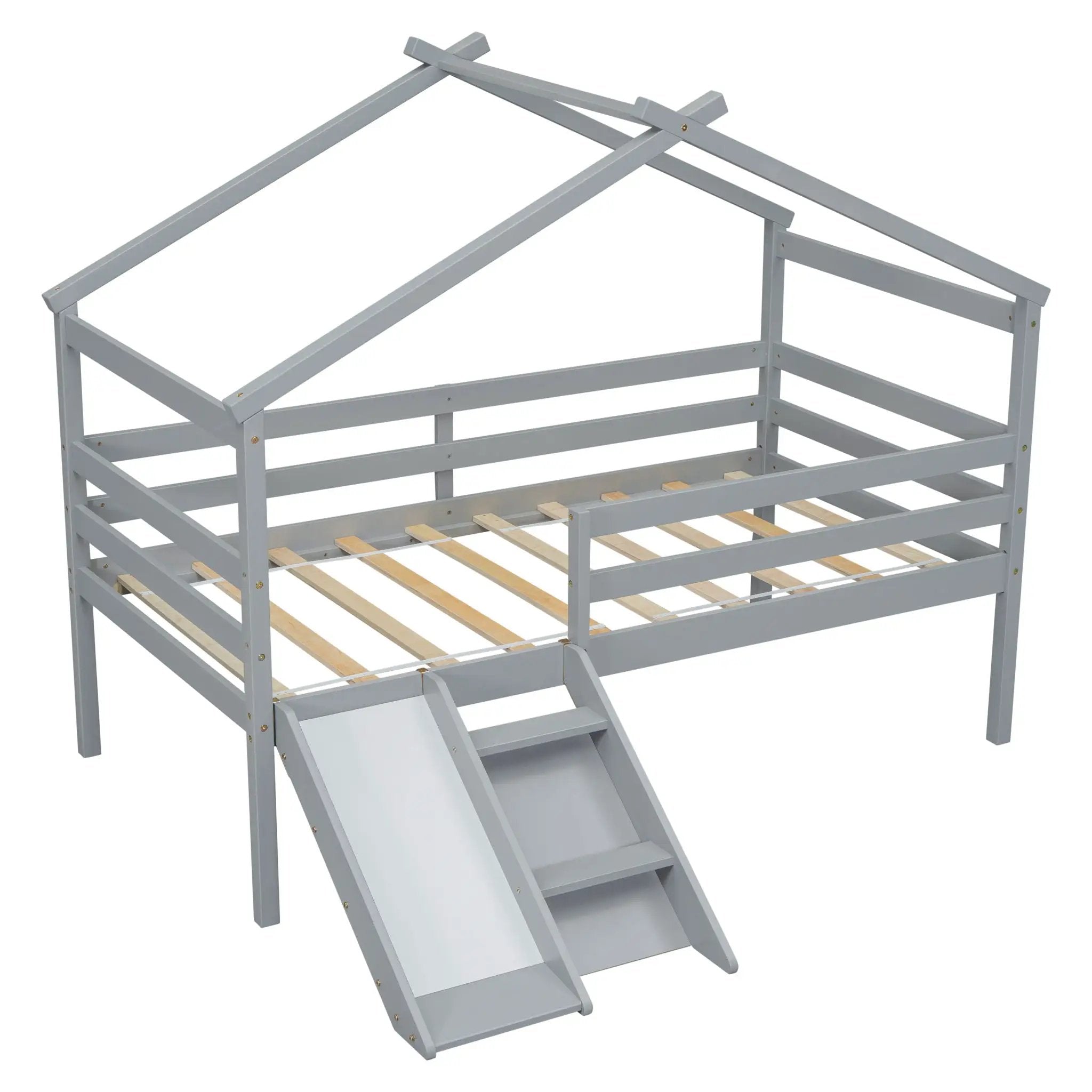 Low Loft House Bed With Slide, Ladder, Safety Guardrails, House Roof Frame by HouseOfZazla
