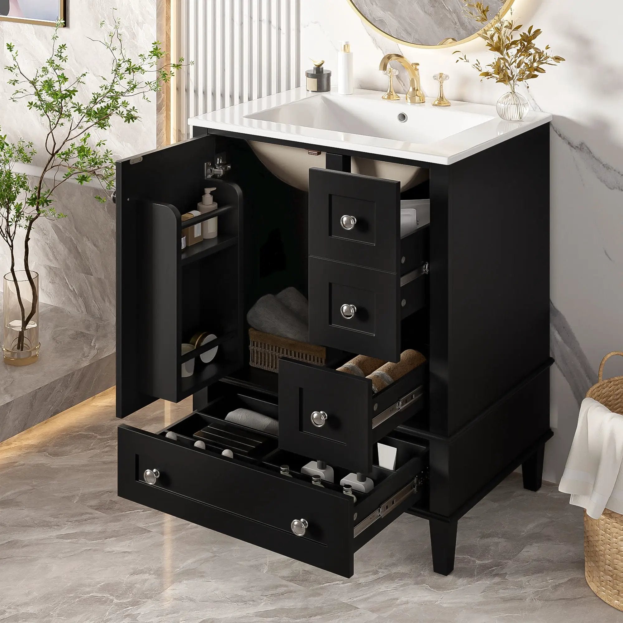 Bathroom Vanity With Integrated Basin, Soft Close Drawers, Door Mounted Double Layer Shelf by Unique Piece Furniture