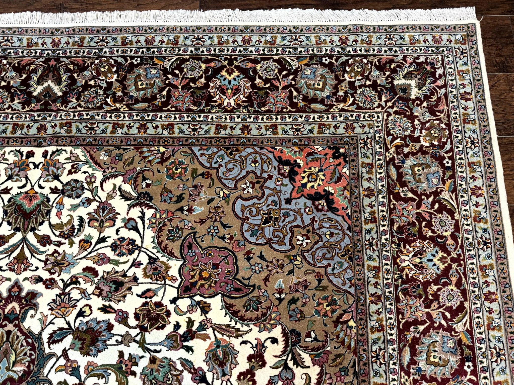 Persian Tabriz Rug 8x11, Floral Medallion Traditional Area Rug, Fine 300 KPSI, Ivory Maroon by Jewel Rugs
