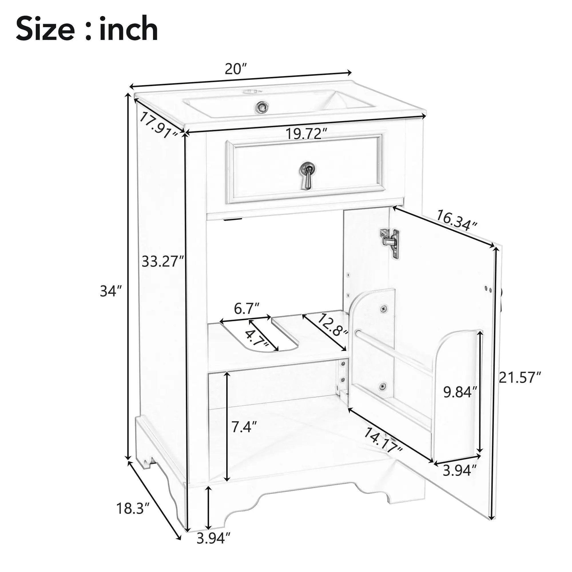 Elegant Bathroom Vanity With Ceramic Sink, Soft Close Door, Adjustable Shelf by HouseOfZazla