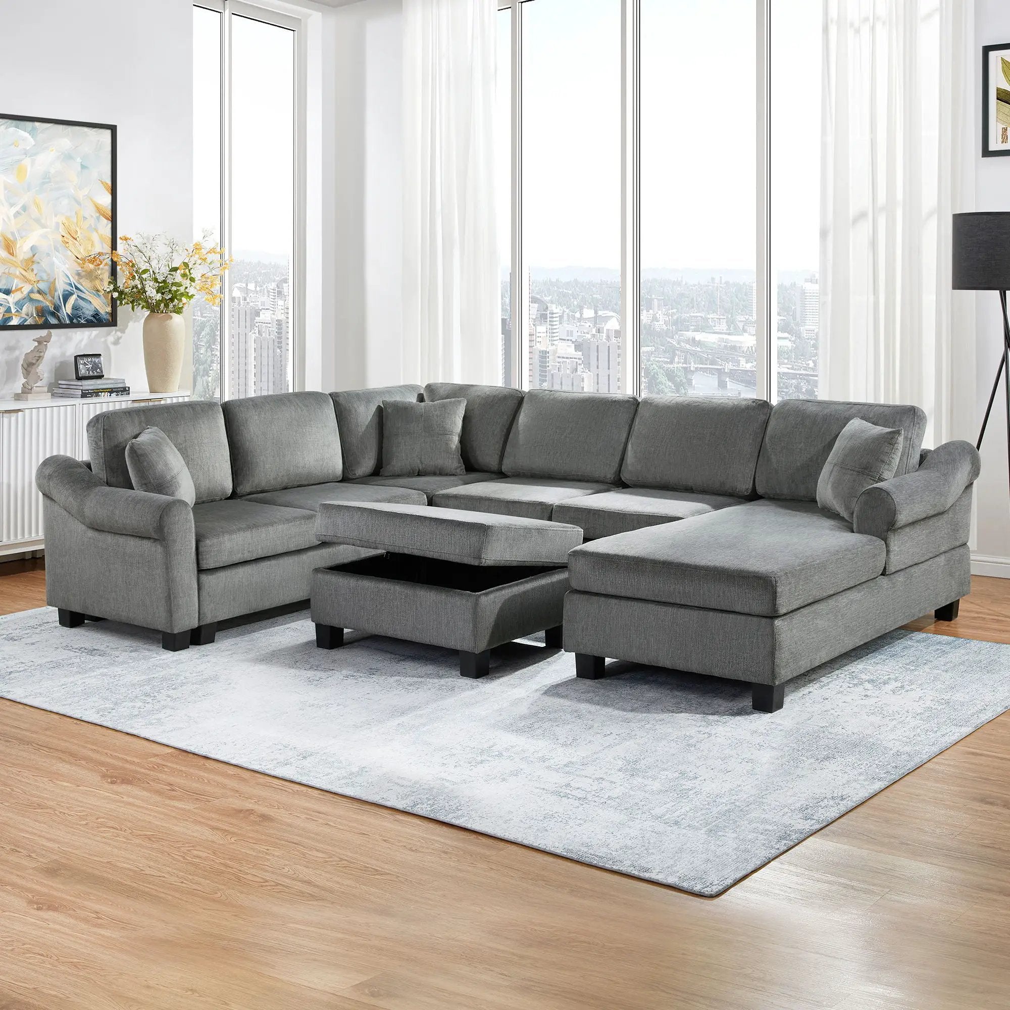 Contemporary U - Shaped Sectional Sofa With Movable Storage Ottoman by Unique Piece Furniture