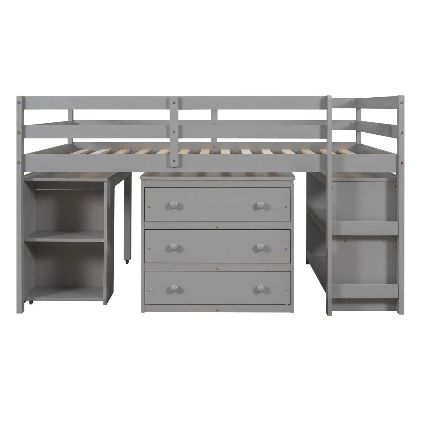 Loft Low Study Bed With Cabinet, Shelves And Rolling Portable Desk, Multiple Functions by Unique Piece Furniture