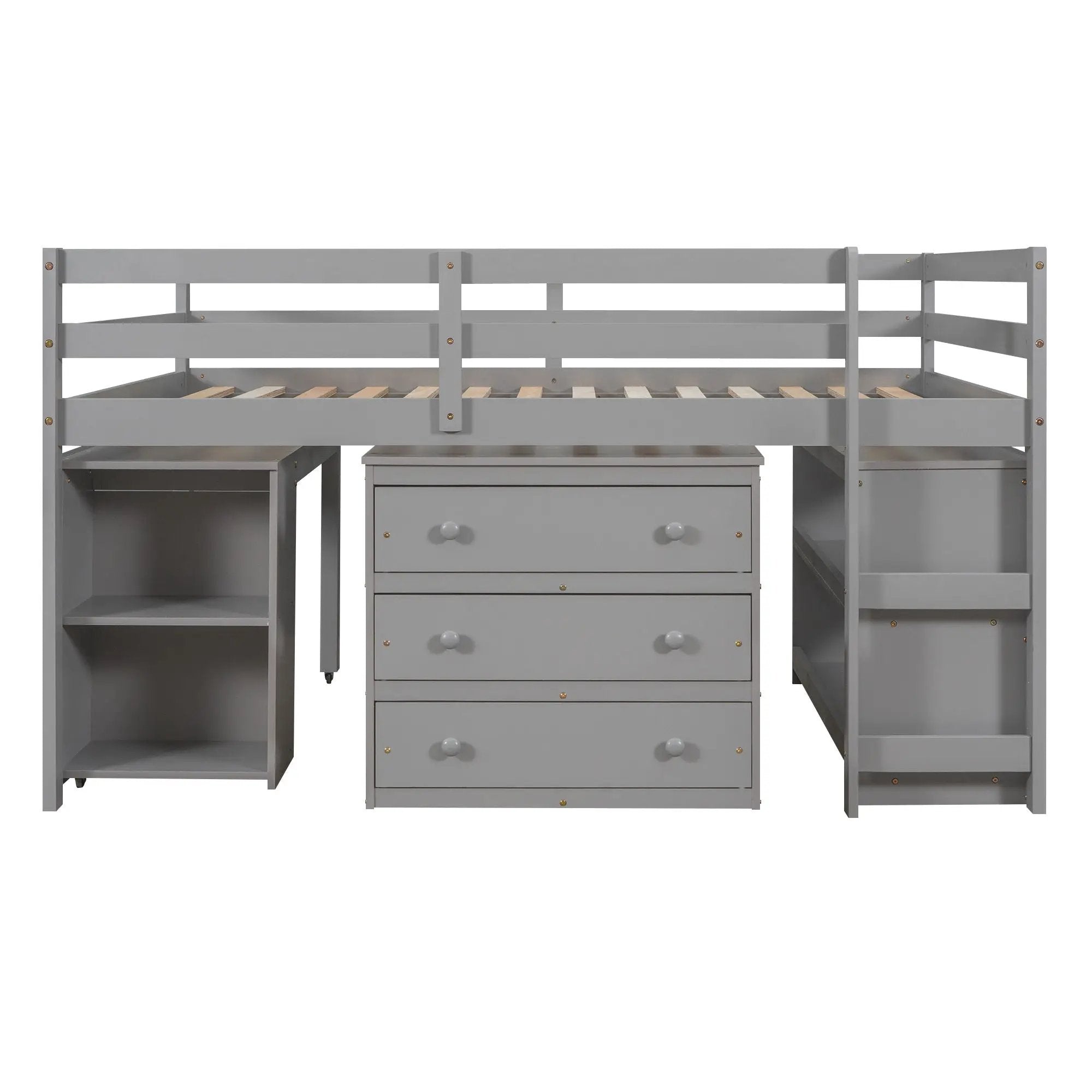 Loft Low Study Bed With Cabinet, Shelves And Rolling Portable Desk, Multiple Functions by Unique Piece Furniture