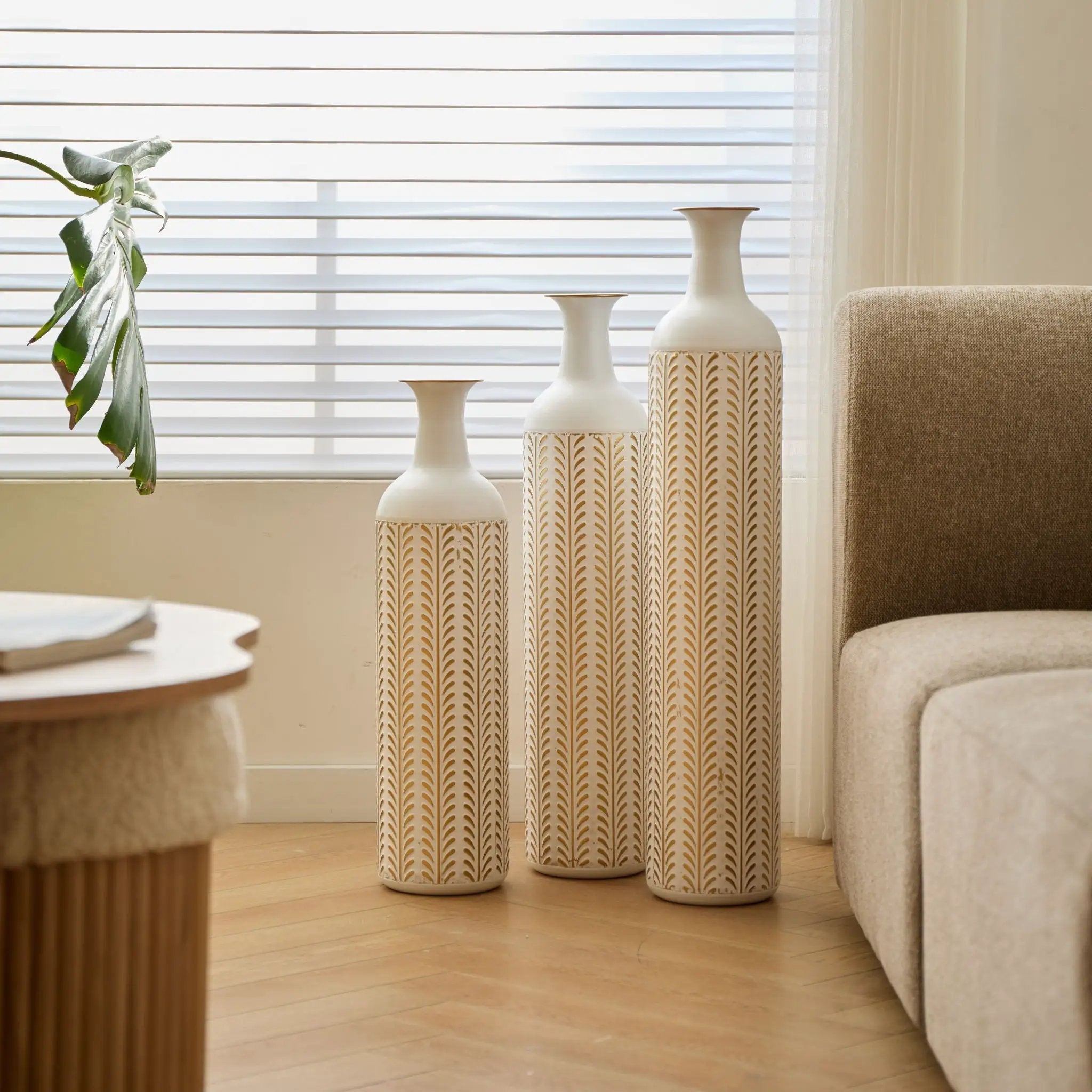 Floor Metal Vase Modern Style Decoration Home Metal Vase 3 Piece Set Gorgeous Home Decoration Large Glazed Metal Vase - Gold / White by Unique Piece Furniture