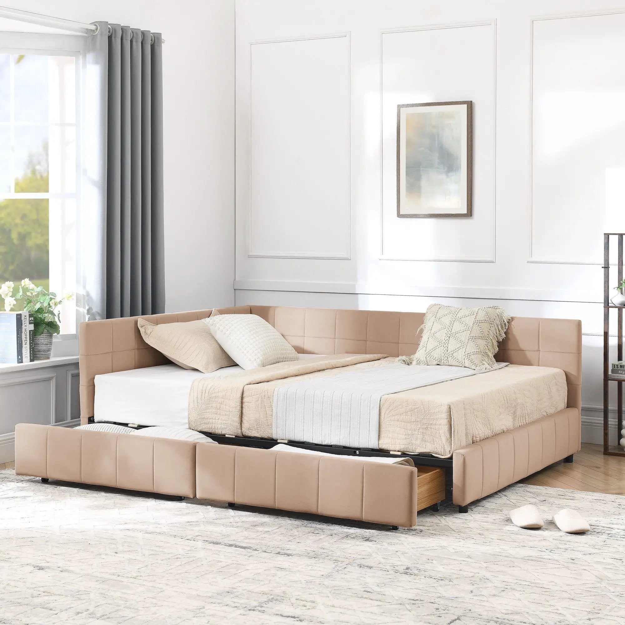 Mid-Century Storage Upholstered Tufted Bed Frame With Backrest And Armrests by HouseOfZazla