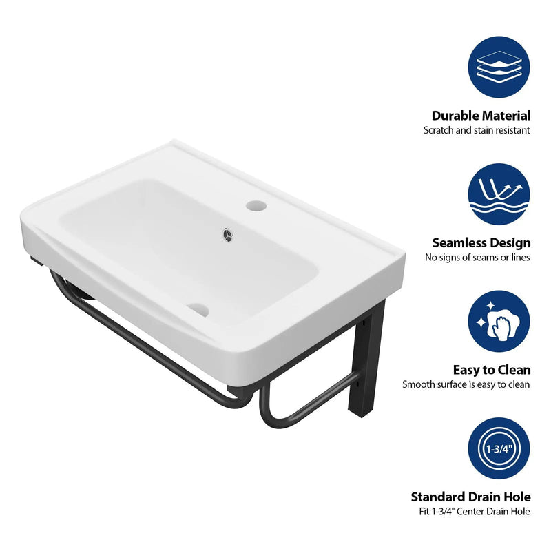 Wall Mounted Rectangular Bathroom Sink With 304 Stainless Steel Towel Bar & Overflow - White by HouseOfZazla