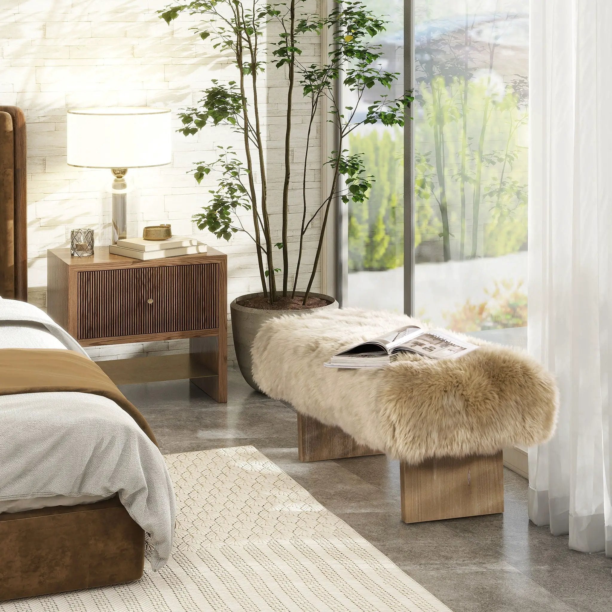 Leda - Sheepskin Fur Rectangular Accent Bench - Natural Blonde by Unique Piece Furniture