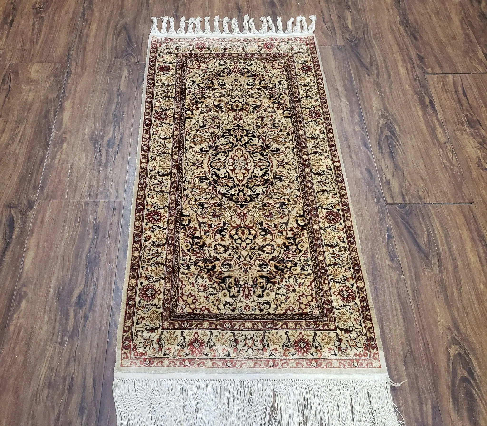 Silk Oriental Rug 1' 7" x 3', Very Fine Silk Carpet, Small Silk Rug, Traditional Floral Medallion, Hand-Knotted Cream Beige Vintage Silk Rug by Jewel Rugs