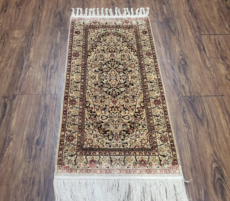 Silk Oriental Rug 1' 7" x 3', Very Fine Silk Carpet, Small Silk Rug, Traditional Floral Medallion, Hand-Knotted Cream Beige Vintage Silk Rug by Jewel Rugs