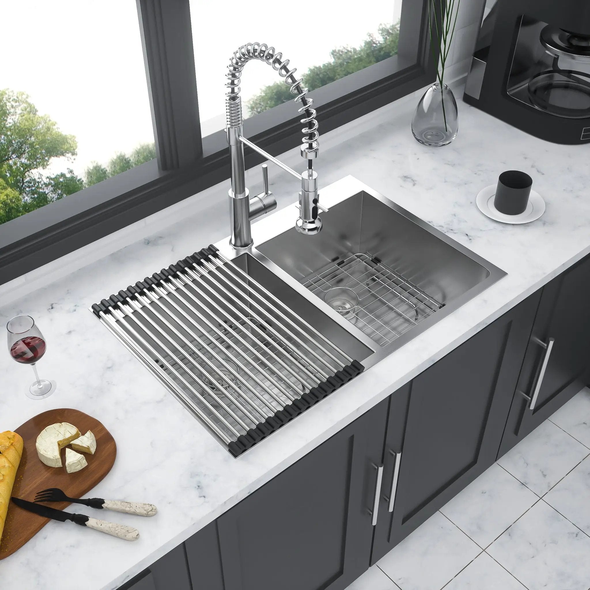 Double Bowl Drop In Sink, Stainless Steel With 50 / 50 Basins 18 Gauge - Brushed Nickel by HouseOfZazla
