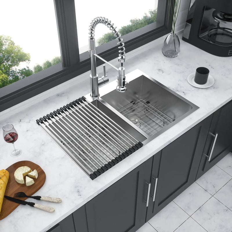 Double Bowl Drop In Sink, Stainless Steel With 50 / 50 Basins 18 Gauge - Brushed Nickel by HouseOfZazla