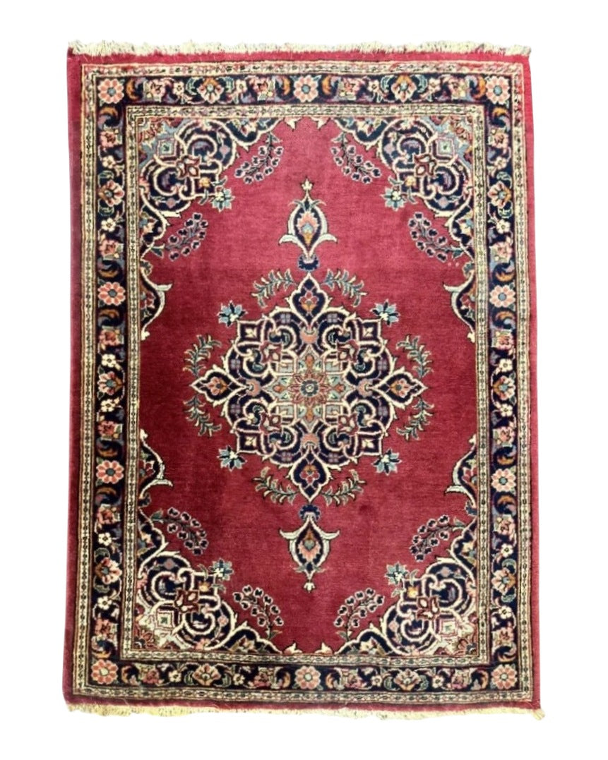 Small Persian Kashan Rug 2x3, Red and Navy Blue, Handmade Vintage Wool Semi Antique Persian Carpet, Semi Open Field, Pair B by Jewel Rugs