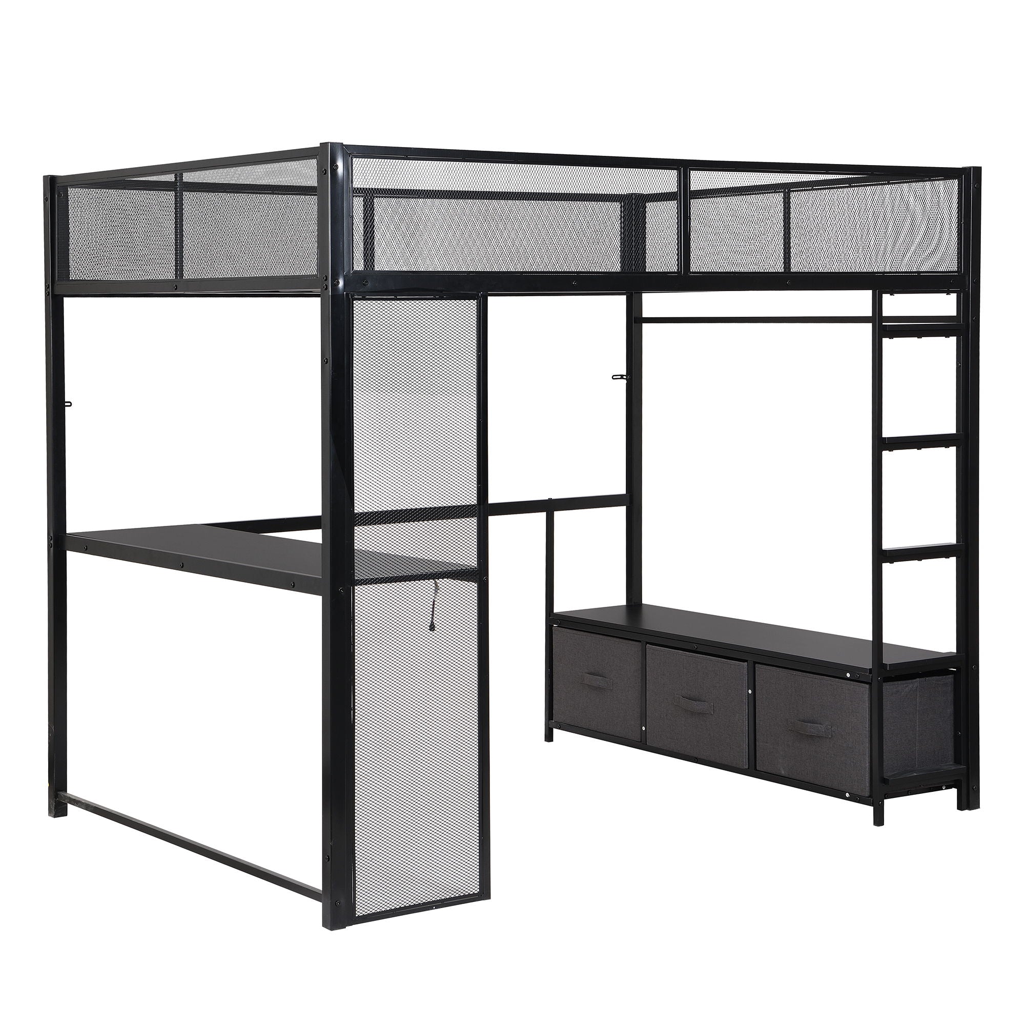 Full Size Gaming Loft Bed With LED Desk, Open Wardrobe, 3 Linen Storage Drawers - Black by HouseOfZazla