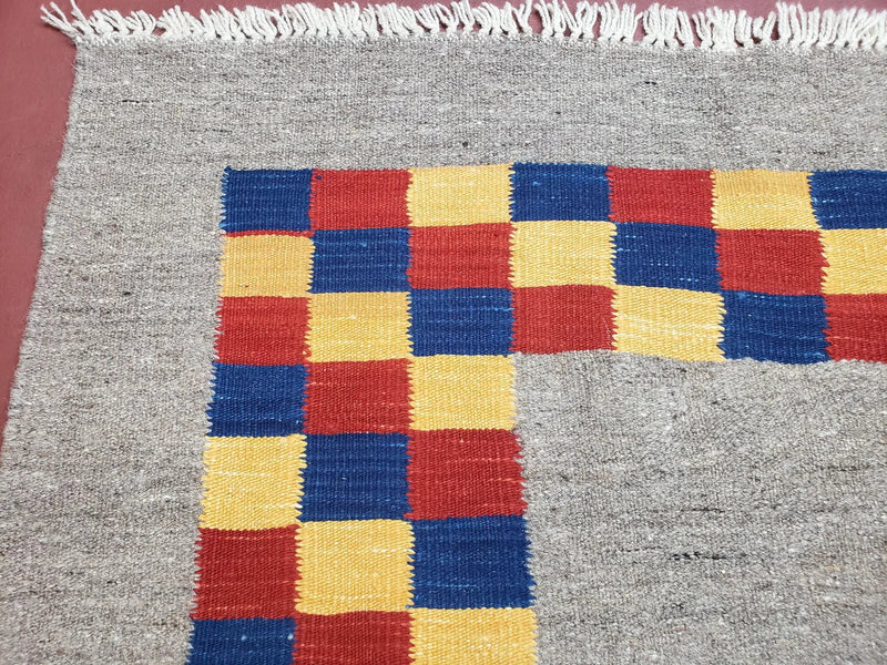 New Turkish Kilim Area Rug, Gray Carpet With Colorful Checker Border, 5'6" x 8", Flatweave Carpet, Playroom Rug, Kids Room Rug, Hand-Knotted by Jewel Rugs